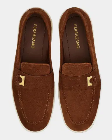 Ferragamo Men's Suede Boat Shoe Loafers with Gancini | Thumbnail 3