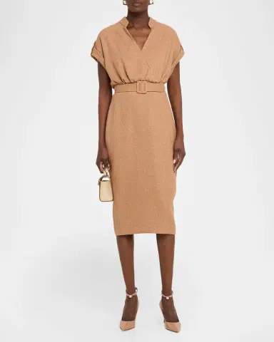 Badgley Mischka Belted Bodycon Tweed Midi Dress | Thumbnail 2