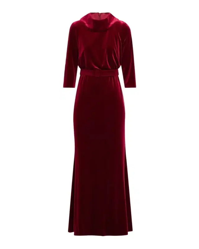 Belted Funnel-Neck Velvet Gown