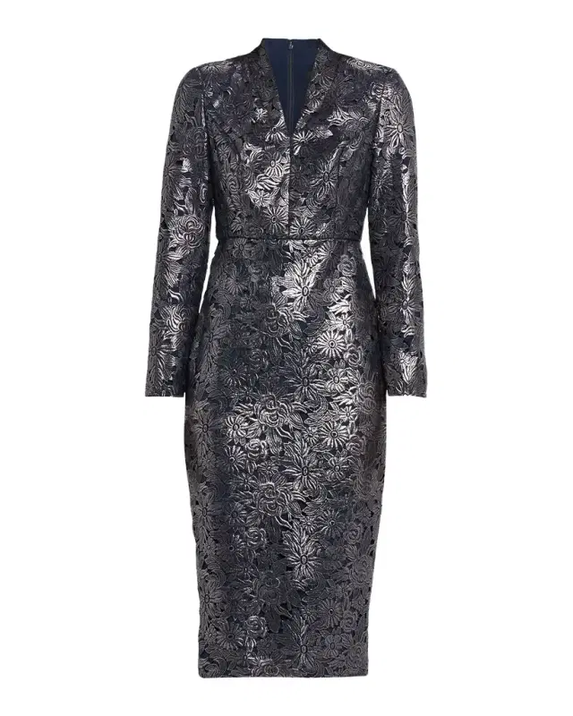 Metallic Floral Lace Midi Sheath Dress