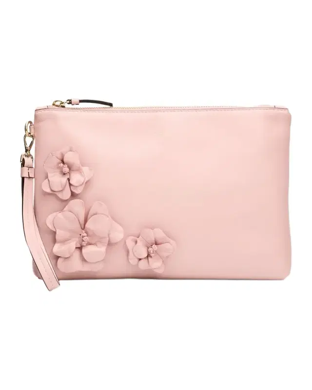 Floral Applique Leather Flat Pouch Bag