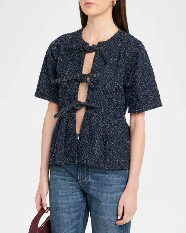 Ganni Tie-Front Tweed Denim Peplum Top | Thumbnail 4 Ganni Tie-Front Tweed Denim Peplum Top | Thumbnail 4