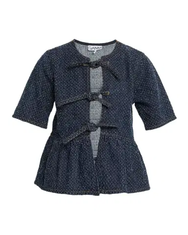 Ganni Tie-Front Tweed Denim Peplum Top | Thumbnail 1 Ganni Tie-Front Tweed Denim Peplum Top | Thumbnail 1