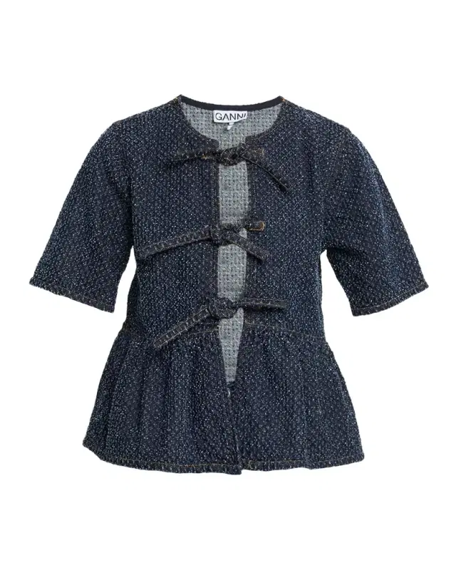 Tie-Front Tweed Denim Peplum Top