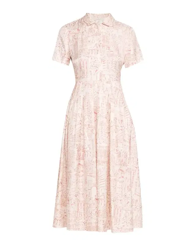 Pleated Landmarks-Print Silk Twill Midi Shirtdress