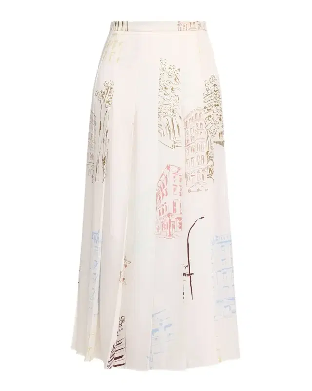 Lafayette 148 New York Pleated Manhattan-Print Fluid Twill Midi Skirt