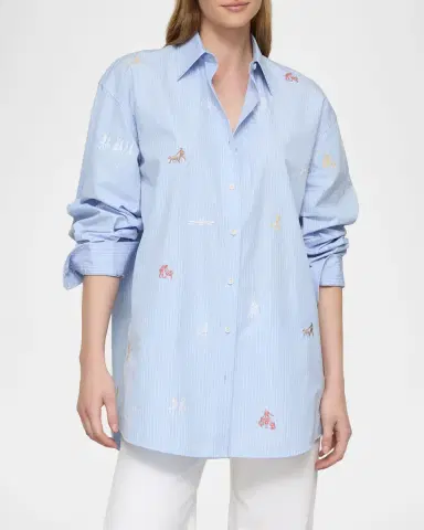 Lafayette 148 New York Embroidered Pinstripe Cotton Shirt | Thumbnail 3