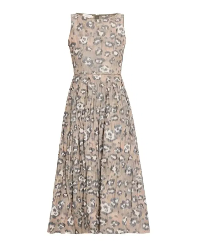 Pleated Leopard-Print Taffeta Midi Dress