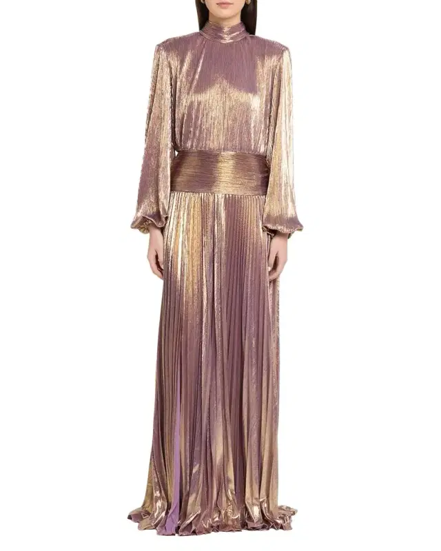 Brienne Long-Sleeve Lamé Gown