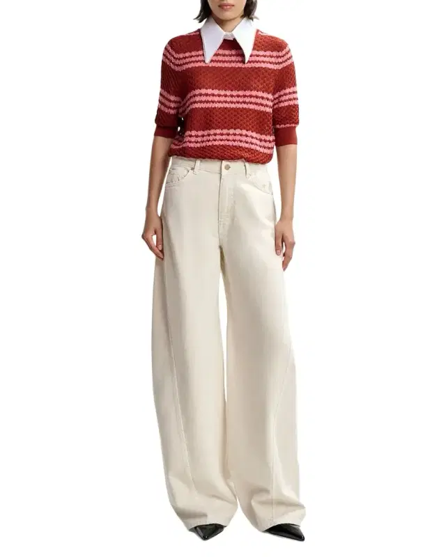 Jantasy Striped Honeycomb Knit Embellished Collar Polo