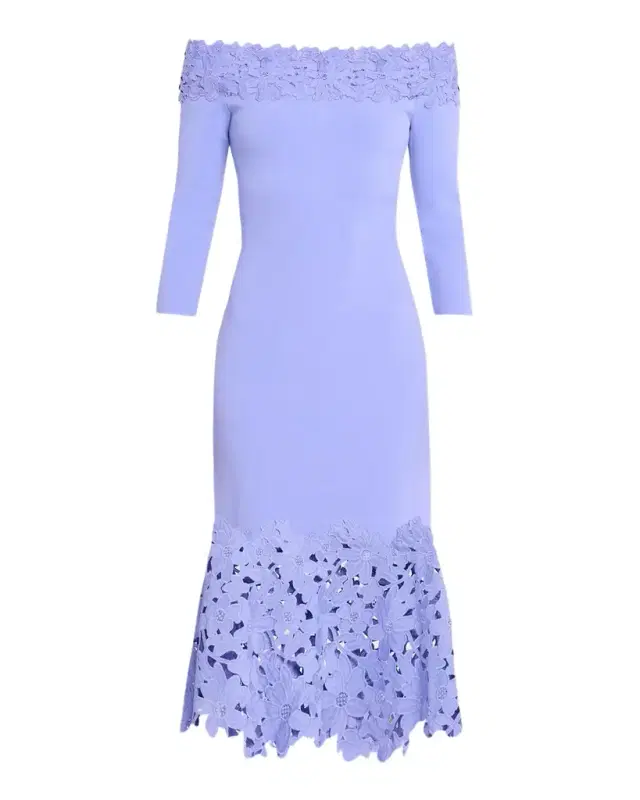 Theia Sia Off-Shoulder Lace & Knit Midi Dress