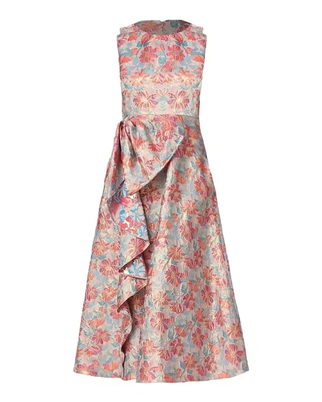 Lena Ruffle Metallic Floral Jacquard Midi Dress