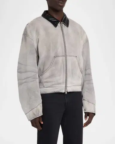 Acne Studios Men's Ohniev Faded Denim Leather-Collar Bomber Jacket | Thumbnail 4