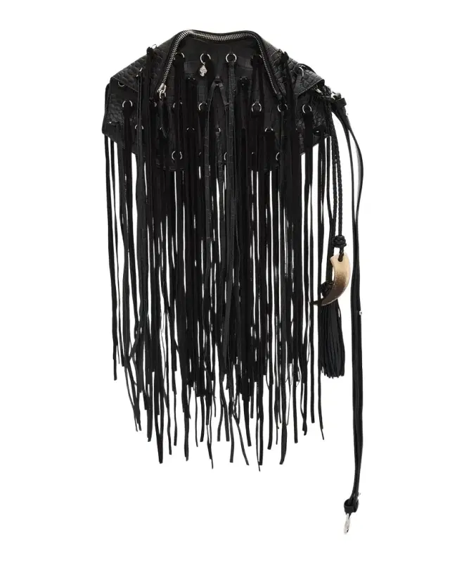 McQueen Manta Fringed Croc-Embossed Leather Shoulder Bag