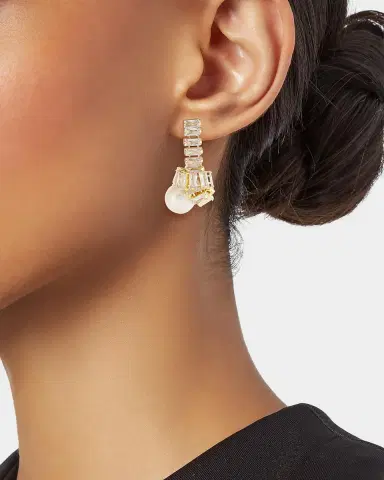 Golconda by Kenneth Jay Lane Baguette and Pearly Drop Earrings | Thumbnail 2
