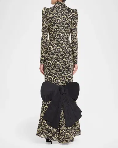 Marc Jacobs Runway Lace-Print Sculptural Long-Sleeve Bow Trumpet Gown | Thumbnail 2
