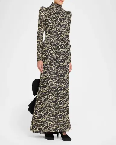 Marc Jacobs Runway Lace-Print Sculptural Long-Sleeve Bow Trumpet Gown | Thumbnail 3