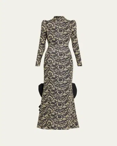 Marc Jacobs Runway Lace-Print Sculptural Long-Sleeve Bow Trumpet Gown | Thumbnail 5