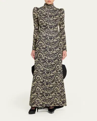 Marc Jacobs Runway Lace-Print Sculptural Long-Sleeve Bow Trumpet Gown | Thumbnail 6