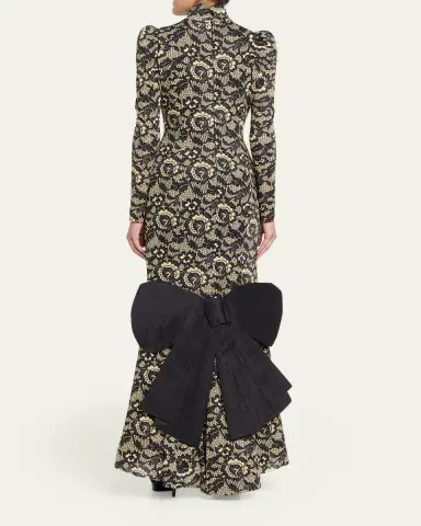 Marc Jacobs Runway Lace-Print Sculptural Long-Sleeve Bow Trumpet Gown | Thumbnail 7
