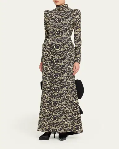 Marc Jacobs Runway Lace-Print Sculptural Long-Sleeve Bow Trumpet Gown | Thumbnail 8