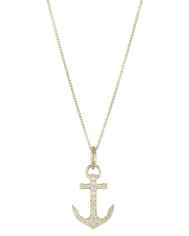 14K Yellow Gold & Diamond Small Pavé Anchor Charm Necklace