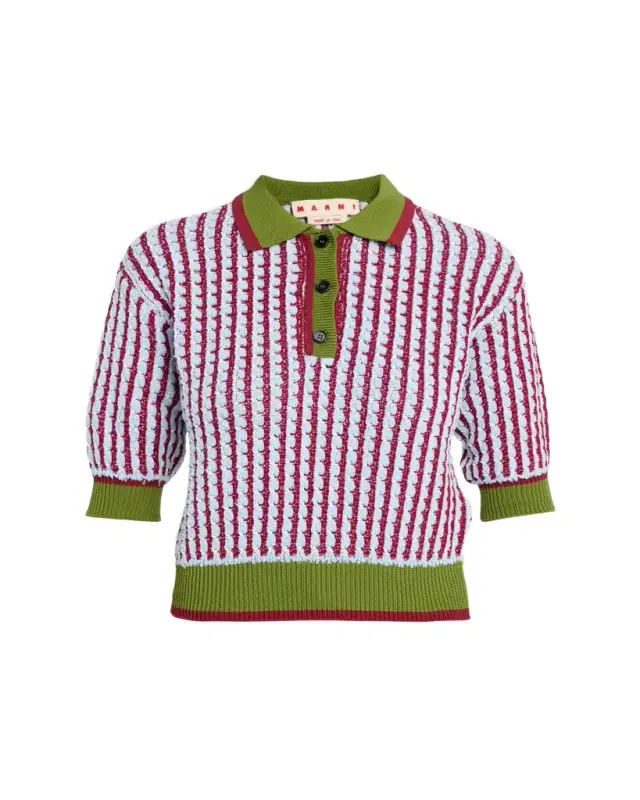 Boucle Tweed Knit Short-Sleeve Polo Sweater