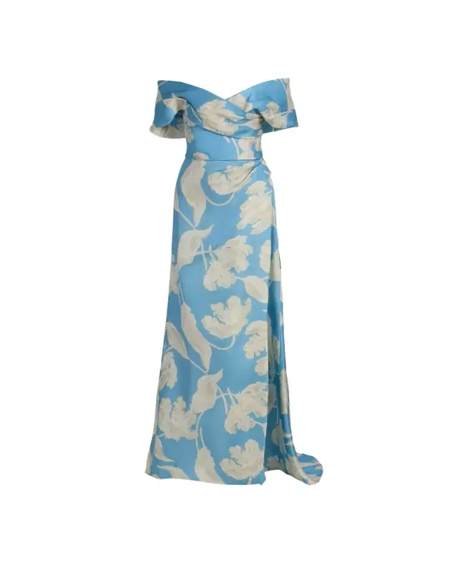 Off-The-Shoulder Floral Gazar Trumpet Gown