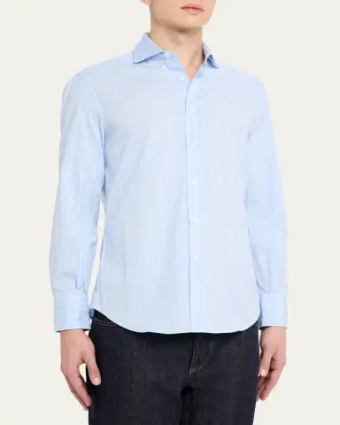 Brunello Cucinelli Men's Pinstripe Cotton Button-Down Shirt | Thumbnail 4