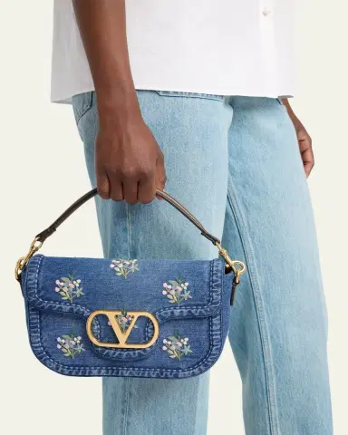 Valentino Garavani Alltime Floral-Embroidered Denim Shoulder Bag | Thumbnail 2 Valentino Garavani Alltime Floral-Embroidered Denim Shoulder Bag | Thumbnail 2