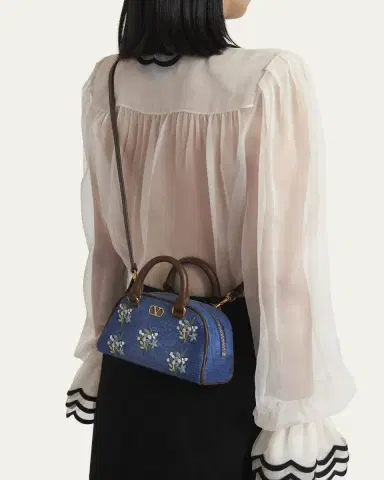 Valentino Garavani Floral-Embroidered Denim VLogo Top-Handle Bag | Thumbnail 2