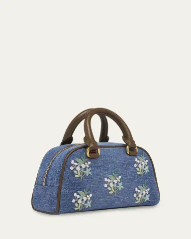 Valentino Garavani Floral-Embroidered Denim VLogo Top-Handle Bag | Thumbnail 3