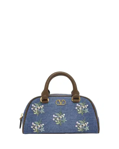 Valentino Garavani Floral-Embroidered Denim VLogo Top-Handle Bag | Thumbnail 1