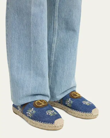 Valentino Garavani VLogo Floral-Embroidered Denim Espadrille Mules | Thumbnail 2 Valentino Garavani VLogo Floral-Embroidered Denim Espadrille Mules | Thumbnail 2
