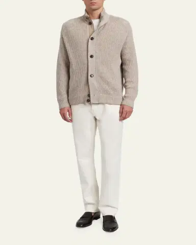 Brioni Men's Ribbed Cotton-Blend Mouline Blouson Sweater | Thumbnail 2