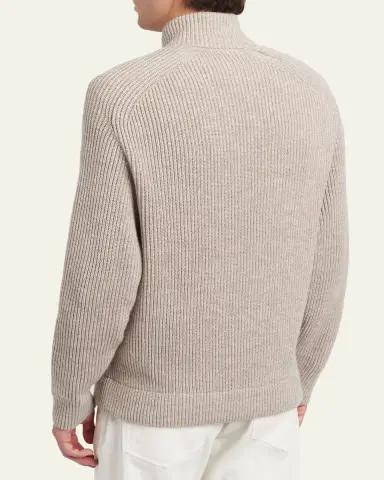 Brioni Men's Ribbed Cotton-Blend Mouline Blouson Sweater | Thumbnail 3