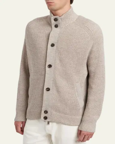 Brioni Men's Ribbed Cotton-Blend Mouline Blouson Sweater | Thumbnail 4