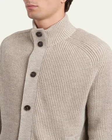 Brioni Men's Ribbed Cotton-Blend Mouline Blouson Sweater | Thumbnail 5