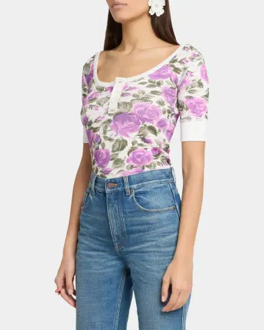 Chloé Floral Rib Short-Sleeve Henley Top | Thumbnail 13 Chloé Floral Rib Short-Sleeve Henley Top | Thumbnail 13