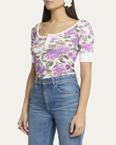 Chloé Floral Rib Short-Sleeve Henley Top | Thumbnail 4 Chloé Floral Rib Short-Sleeve Henley Top | Thumbnail 4