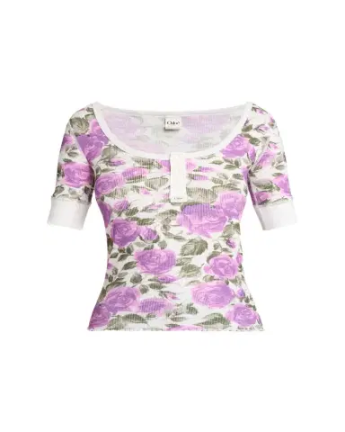 Chloé Floral Rib Short-Sleeve Henley Top | Thumbnail 1 Chloé Floral Rib Short-Sleeve Henley Top | Thumbnail 1