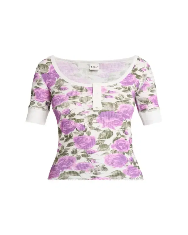 Chloe Floral Rib Short-Sleeve Henley Top
