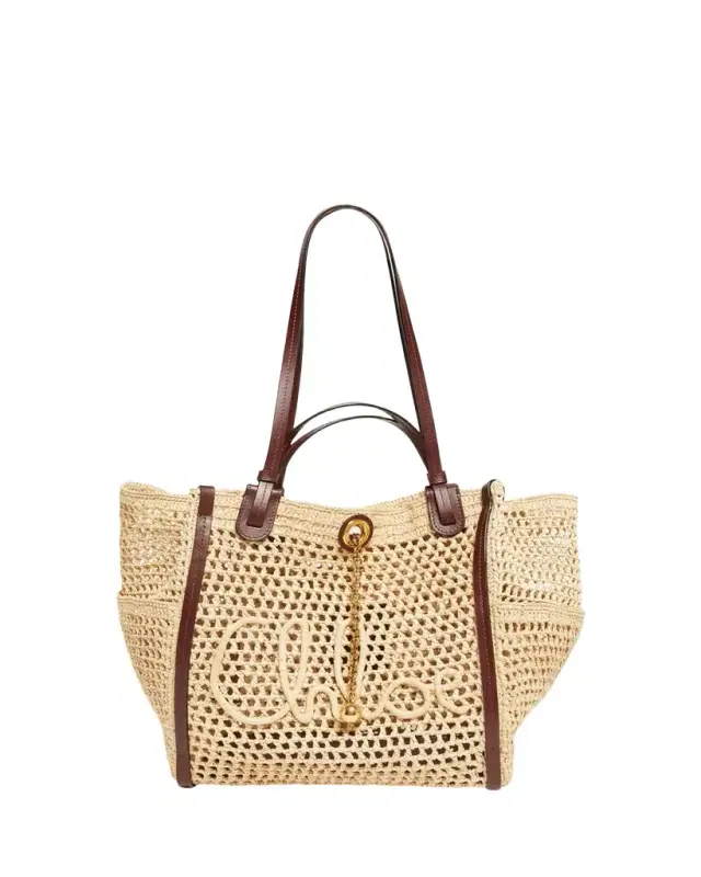 Chloe Logo Script Woven Raffia Tote Bag