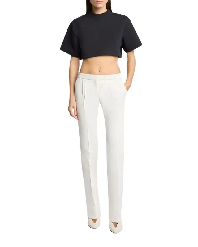 Low-Rise Pleated Slim-Leg Tailored Pants