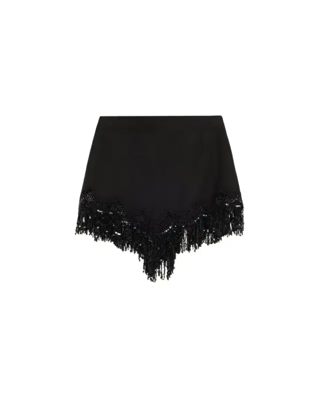 Ashlyn Sequin Fringe Lace-Trim Shorts