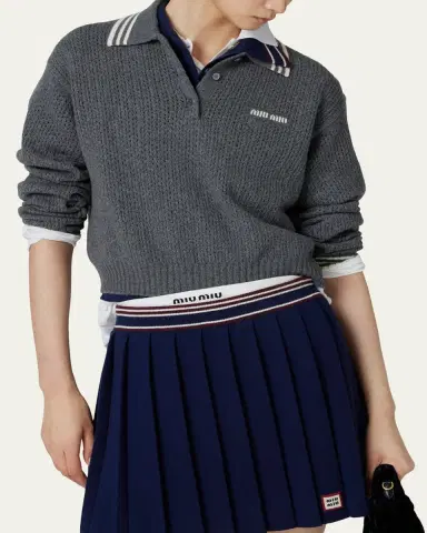 Miu Miu Long-Sleeve Cashmere Crop Polo Sweater | Thumbnail 3 Miu Miu Long-Sleeve Cashmere Crop Polo Sweater | Thumbnail 3