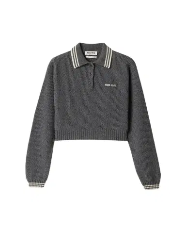 Miu Miu Long-Sleeve Cashmere Crop Polo Sweater | Thumbnail 1 Miu Miu Long-Sleeve Cashmere Crop Polo Sweater | Thumbnail 1