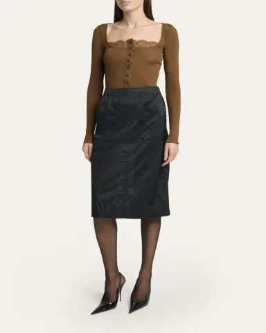Saint Laurent Lace-Trim Button-Front Silk Rib Long-Sleeve Top | Thumbnail 2