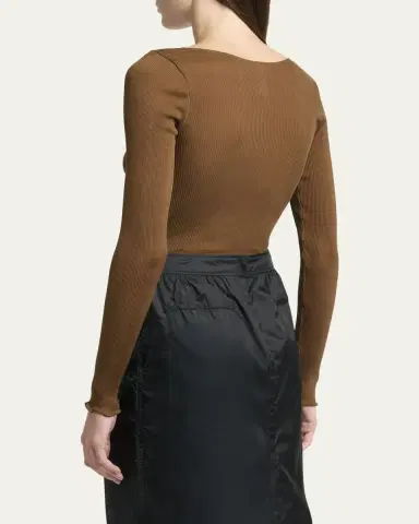 Saint Laurent Lace-Trim Button-Front Silk Rib Long-Sleeve Top | Thumbnail 3