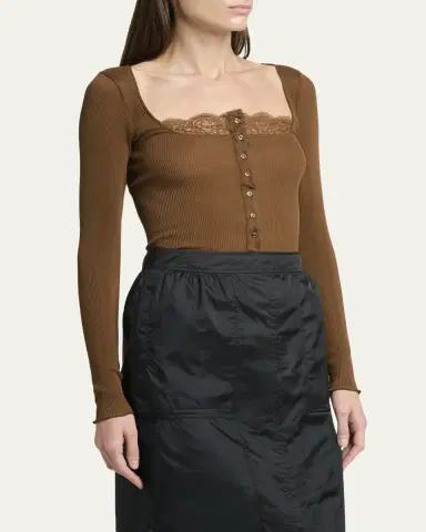 Saint Laurent Lace-Trim Button-Front Silk Rib Long-Sleeve Top | Thumbnail 4
